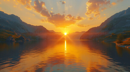 A sunset over a serene mountain lake - mountain tranquility - obrazy, fototapety, plakaty