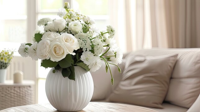 Elegance in simplicity: White vase holds delicate flowers on white, emanating serenity and minimalist beauty.