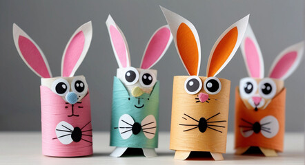 Kids crafts, cute colorful bunny made of toilet rolls and papers