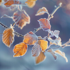 closeup of autumn leaves in snow generated.Ai
