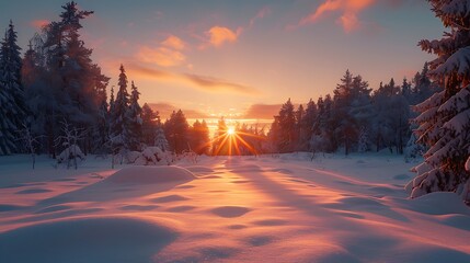 A sunset over a snow-covered forest - winter's peaceful embrace