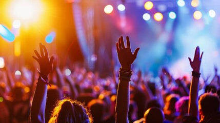 A lively music festival crowd, energy and excitement palpable, perfect for entertainment and event...