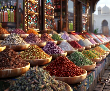 Arabic bazar market, full of colorful spices and herbs, color elements