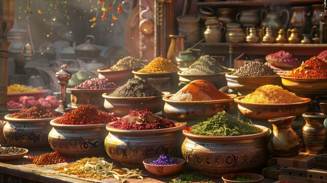 Arabic bazar market, full of colorful spices and herbs, color elements