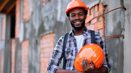 Smiling African American guy in construction clothing with a hard hat. Builder. A dark-skinned man, a construction worker. Good mood at work - obrazy, fototapety, plakaty