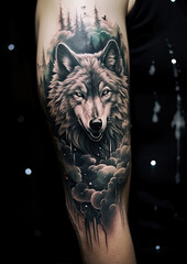 Artistic wolf tattoo on man's arm - obrazy, fototapety, plakaty