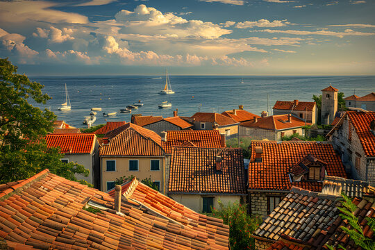 Fototapeta Scenic View of a Lazy Summer Afternoon in a Croatian Coastal Town: A Symphony of Villagely Charm and Serene Maritime