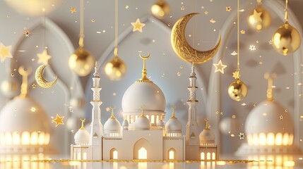 mosque 3d rendering Golden Eid Mubarak celebration Ramadan illustration background.