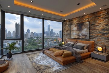 Urban bedroom design with cityscape views