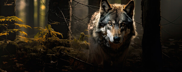 Intense wolf eyes close-up in the dark - obrazy, fototapety, plakaty