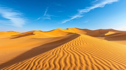 Fototapeta na wymiar Vast desert landscape with sand dunes, detailed textures, clear sky, long shadows, color grading