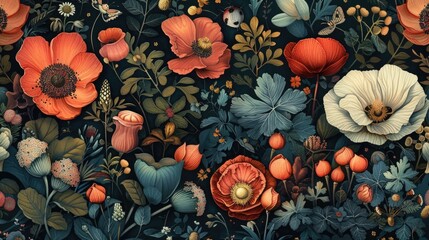 A rich tapestry of botanical illustrations against a dark backdrop, conjuring a mystical and lush night garden atmosphere.
