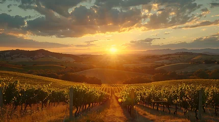 Fotobehang A sunset over rolling hills and vineyards - the beauty of wine country © MuhammadInaam