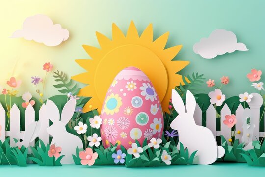 A natureinspired Easter scene featuring a bunny, Easter egg, sun, and flowers. Using cake decorating supplies, grass, and petals, create an artful painting of this festive event AIG42E