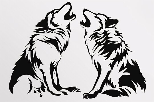 a black and white image of two wolves