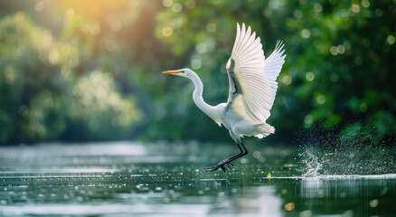 A white heron gracefully takes off from the water's surface in midflight over an idyllic lake, its wings spread wide and body poised for flight - Powered by Adobe