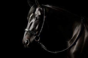 horse with bridle standing in front of a white halter, in the style of monochromatic minimalist portraits сreated with Generative Ai - obrazy, fototapety, plakaty