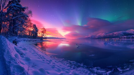 Vivid aurora borealis over frozen lake at night  hyperrealistic long exposure capture