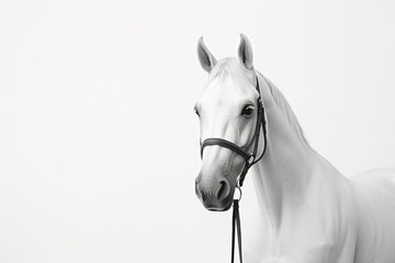horse with bridle standing in front of a white halter, in the style of monochromatic minimalist portraits сreated with Generative Ai