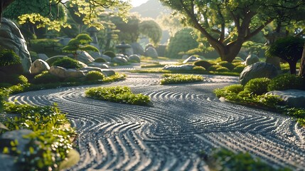 A tranquil Japanese garden with meticulously raked gravel paths - obrazy, fototapety, plakaty