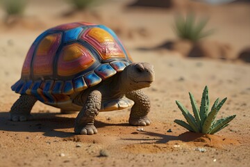 Colorful Tortoise in a Desert - obrazy, fototapety, plakaty
