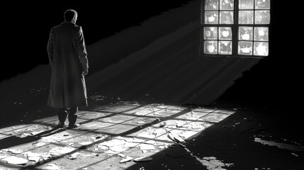 Black and white illustration of a lonely man alone in the world, sad, powerless and tired. Loneliness, depression and panic attack