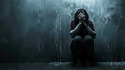 Lonely girl alone in the house, gloomy atmosphere, depression and sadness, pain and fatigue