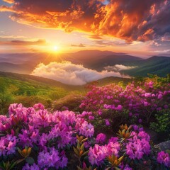 Obraz premium Sun Setting Over Mountains and Flowers