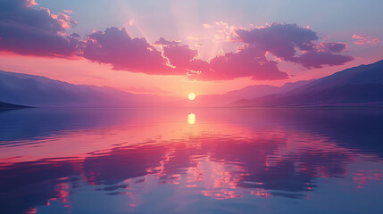 Fototapeta premium A tranquil lake reflecting the colors of the setting sun - mirrored serenity