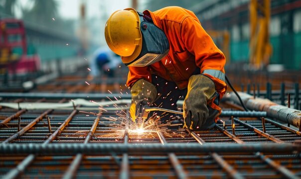 Workers is welding metal pole or net parts for base house. Welding detail theme