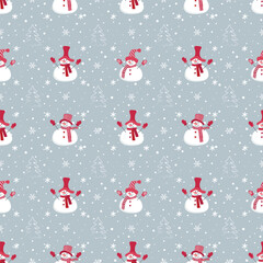Christmas background. Winter seamless pattern with cute snowmen, fir trees and snowflakes. Vector illustration on gray background
