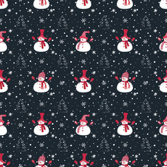 Christmas background. Seamless winter pattern with cute snowmen, fir trees and snowflakes. Vector illustration on dark blue background