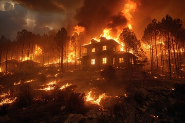 House consumed by wildfire, surrounded by burning trees