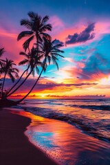 Fototapeta na wymiar Sunset on a Tropical Beach With Palm Trees