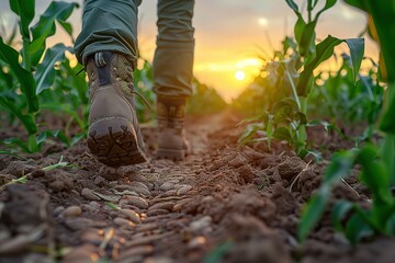 A person is walking through a field of corn. The sun is setting, casting a warm glow over the scene.