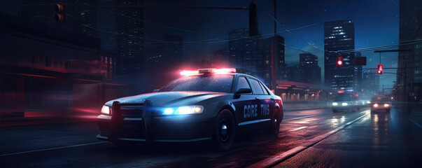 Police car in high-speed pursuit at night - obrazy, fototapety, plakaty