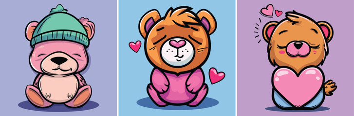 Cute happy teddy bear cartoon characters vector illustration collection