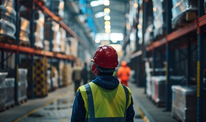 Worker with helmet working in warehouse. huge industrial warehouse with workers.