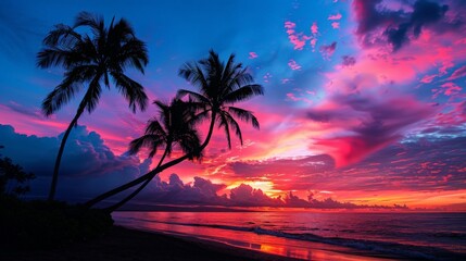 Stunning Sunset on Tropical Beach With Palm Trees