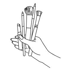 A set of makeup brushes in the hand of a makeup artist, Brush for eye shadow, eyebrows, blush, Vector illustration in line art style.