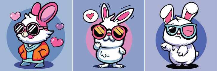 Funny cool bunny rabbit vector cartoon characters with sunglasses