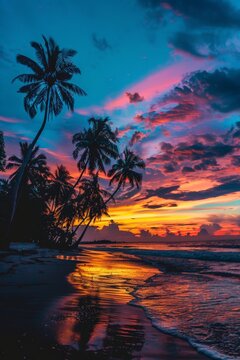 A Sunset on a Tropical Beach With Palm Trees