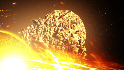 Large planet being pulled by massive black hole.

3D rendering of large Black Hole pulling planets, sci-fi concept, 2024
