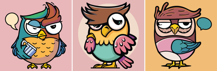 Funny cute owl collection cartoon characters vector illustration in pastel colors