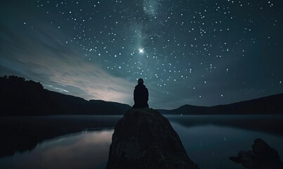 Man Standing Under night sky and stars shine in backgrounds.