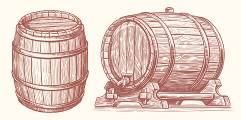 Wooden barrel, hand drawn engraving style vector illustration. Oak cask or keg drawing