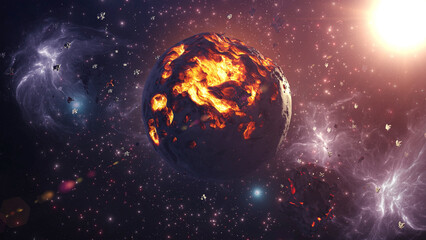 Dead Destroyed Alien planet in deep space
3d rendering of dying planet, 4K, 2022

