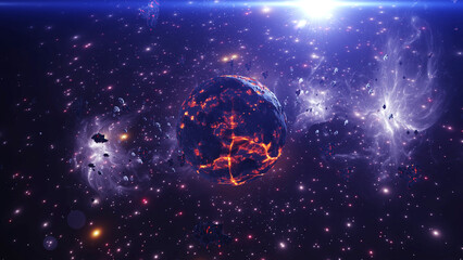 Dead Destroyed Alien planet in deep space 3d rendering of dying planet, 4K, 2022   © ImageBank4U