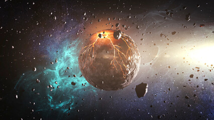 Alien planet with hot magma and asteroids, 4K
3d rendering of dying planet, 4K, 2022

