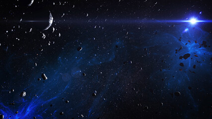 Outer space galaxy with blue sun and asteroids
3d rendering of outer space galaxy concept, 4K, 2022
